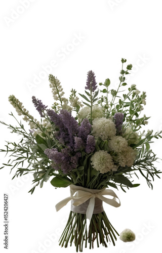 Vector illustration of a rustic bouquet composed of lavender flowers, white allium spheres, green herbs and wild foliage. Natural and elegant floral composition for eco wedding and botanical design.