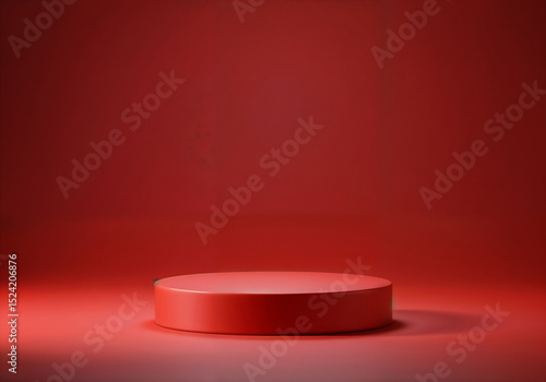 Red cylindrical podium offers sleek stage for product presentations in studios
