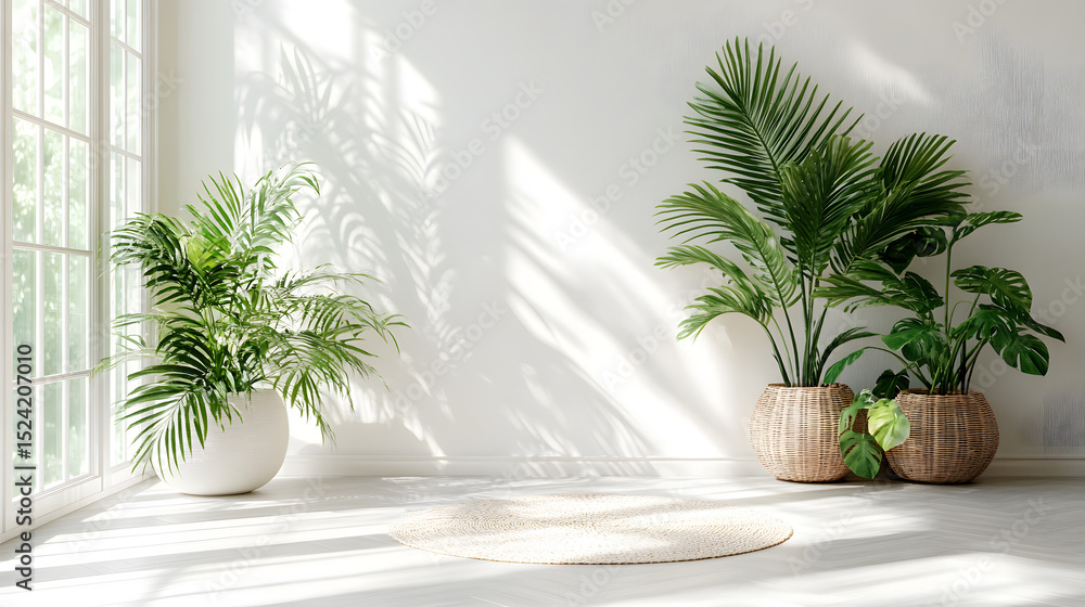 Fototapeta premium Bright White Room with Green Potted Plants