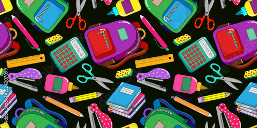 colorful seamless pattern with school supplies and backpacks on black background, back to school vector design for students, kids, education and stationery use