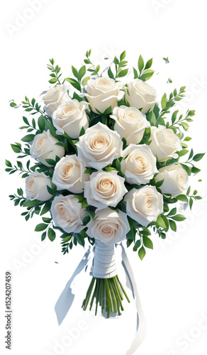 Vector illustration of a classic wedding bouquet made of white roses, small rosebuds, and dark green leaves. Elegant and timeless floral composition for wedding branding and romantic design.
