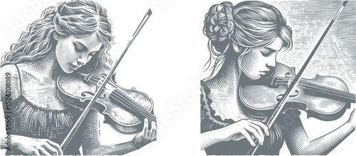 Engraving Style Illustration of Female Musician Tuning Violin Before Concert – Classical Music Scene in Woodcut Design for Artistic and Historical Projects