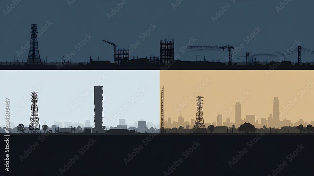 Fototapeta premium Minimalist Cityscape Art Four Distinct Buildings Urban Scene Simple Design Modern Architecture Geometric Shapes Serene City View Contemporary Artwork 