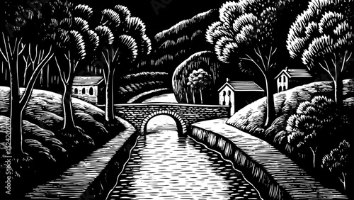 Black and white sketch vector of a peaceful canal winding through a rural countryside village