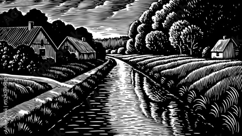 Black and white sketch vector of a peaceful canal winding through a rural countryside village