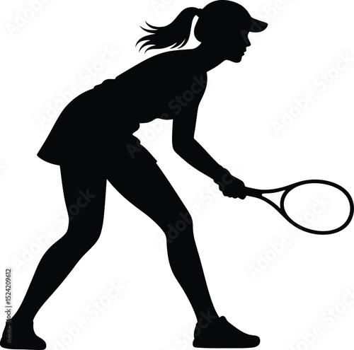 A silhouette of a female tennis player in action pose with a racket and wearing a cap and skirt