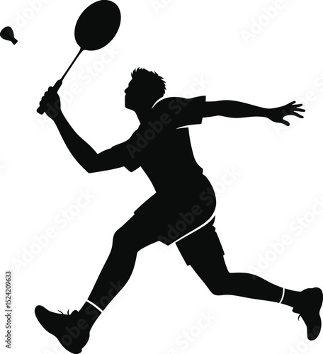 Silhouette of a badminton player in action swinging racket at shuttlecock with dynamic pose and motion blur