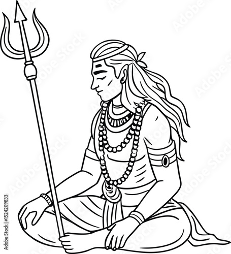 Line Art Illustration of Lord Shiva Meditating with Trident
