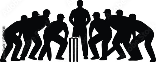 Silhouette of cricket players in fielding positions around the stumps and umpire on a white background