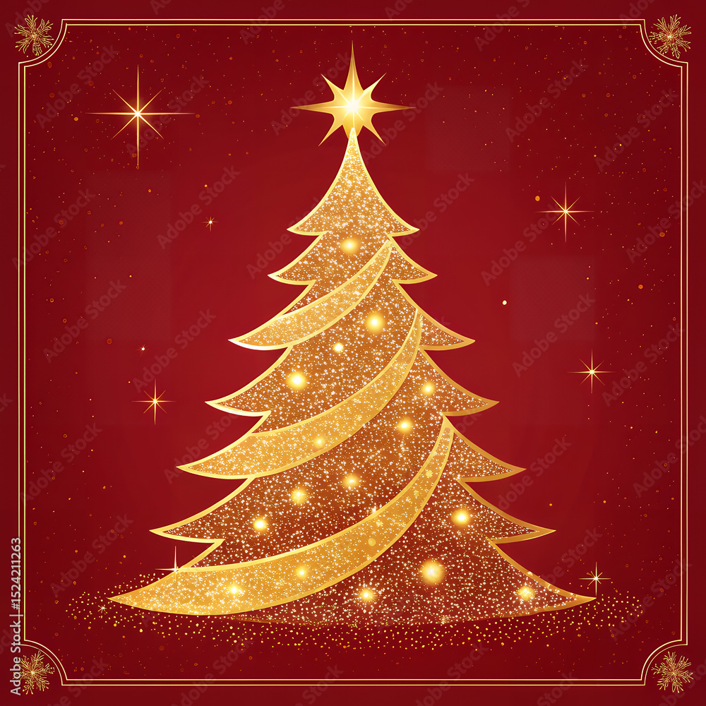 Golden Christmas Tree: A shimmering golden Christmas tree, adorned with sparkling lights, stands majestically against a rich red background, embodying the spirit of the holiday season. Golden Christmas Tree: A shimmering golden Christmas tree, adorned with sparkling lights, stands majestically against a rich red background, embodying the spirit of the holiday season.