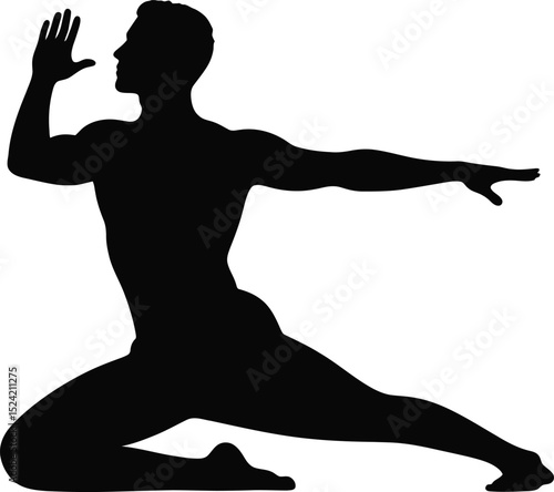 Silhouette of a muscular man in a kneeling pose with arms outstretched in a dynamic dance position