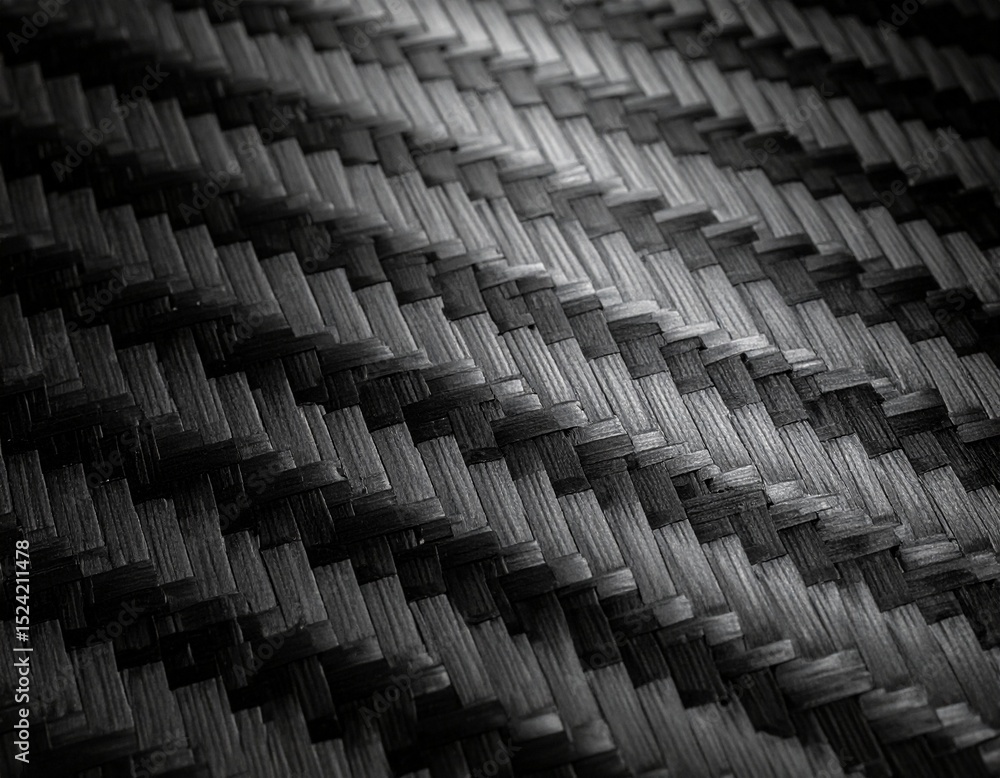 Fototapeta premium Intricate Weave: A close-up showcases a meticulously woven, black material, where each strand intertwines, creating a textural masterpiece of light and shadow. 