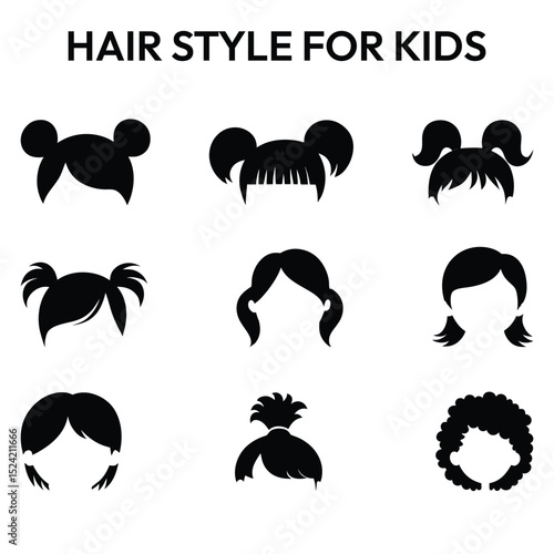 Kids hairstyle icon set with trendy cute cartoon haircuts silhouette vector illustration for boy girl child fashion design bundle collection.