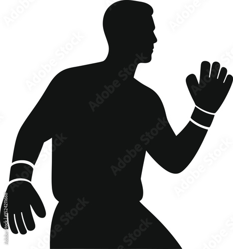 A silhouette of a goalkeeper with gloves ready to catch a ball in a defensive stance position look