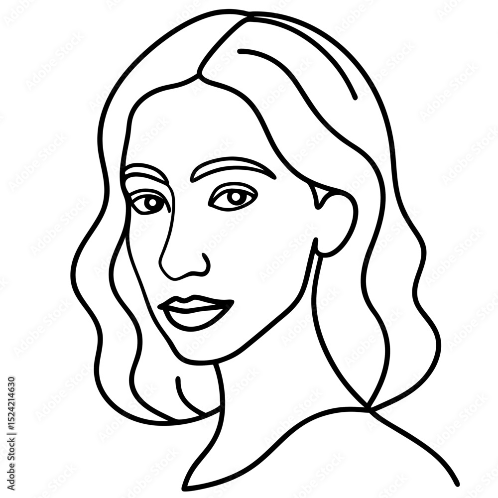 Line art illustration of a woman with wavy hair and neutral expression Line art illustration of a woman with wavy hair and neutral expression