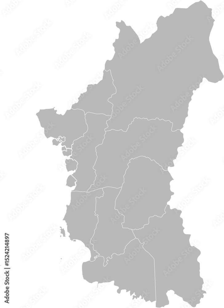 Fototapeta premium Perak, Malaysia – administrative vector map with level 2 district boundaries (Web Mercator projection, PPT-compatible & fully editable)