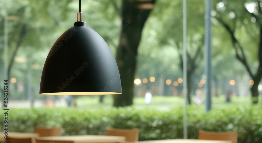 Obraz premium Modern Black Pendant Light in a Green Park Setting
