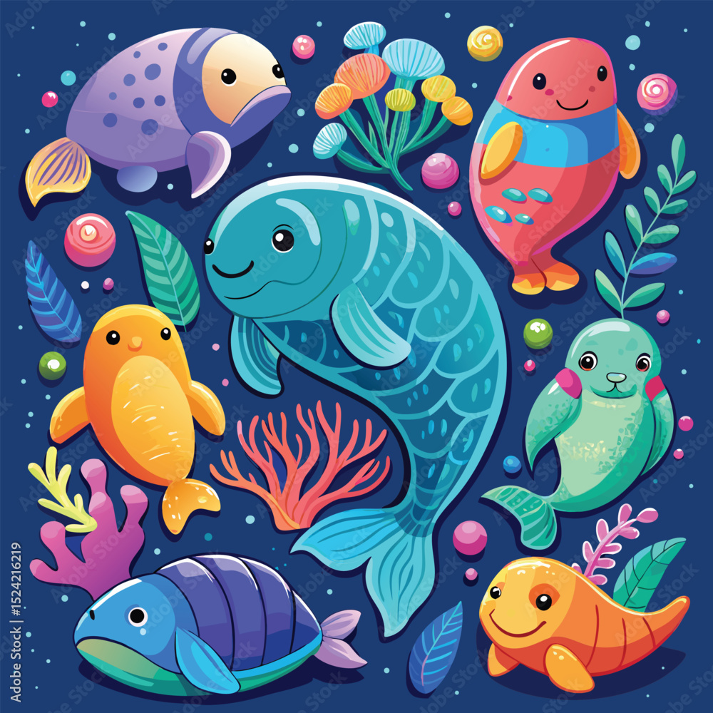 Seamless vector pattern with funny cartoon sea animals like fish, octopus, and starfish, perfect for underwater life illustration Seamless vector pattern with funny cartoon sea animals like fish, octopus, and starfish, perfect for underwater life illustration