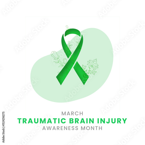 Green ribbon with white background awareness graphic for Traumatic brain injury Awareness Month.