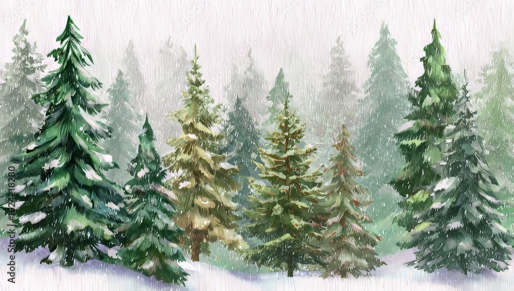 Obraz premium Enchanted Winter Forest Watercolor Painting of Snow-Covered Pine Trees