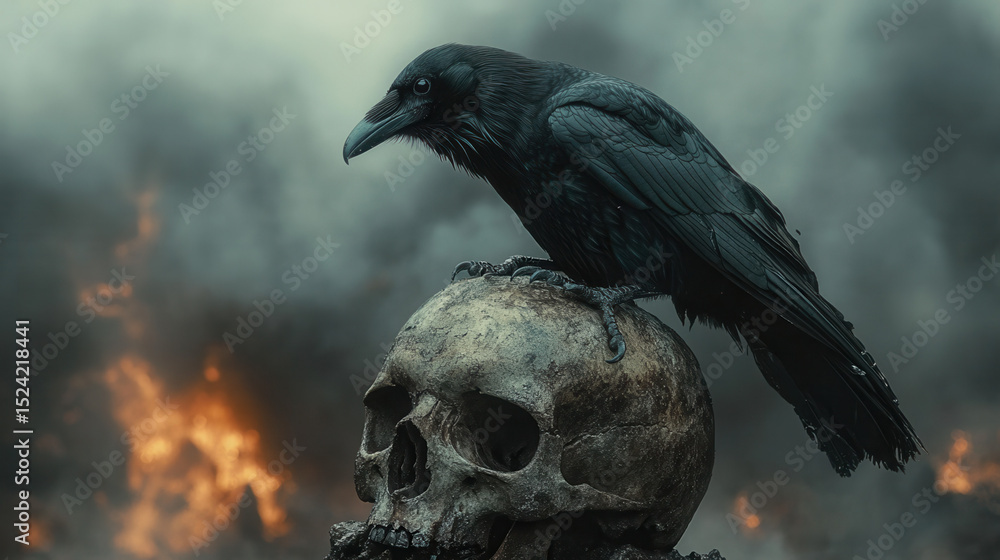 Fototapeta premium raven perched on weathered human skull under apocalyptic smoky sky with distant fires, dark gothic atmosphere of mystery and desolation