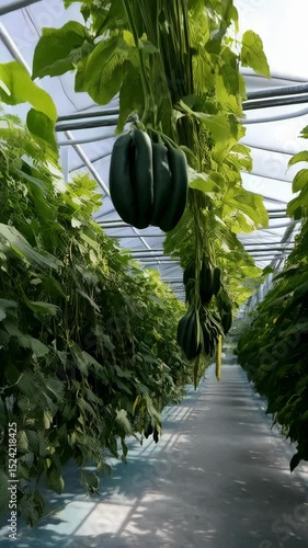 Close-up of fresh, green cucumbers growing on vine in garden with natural lighting shows healthy, raw, organic produce.