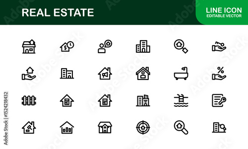 Modern Real Estate Icon Set in Vector Style Featuring Houses, Buildings, Property, and Landmarks