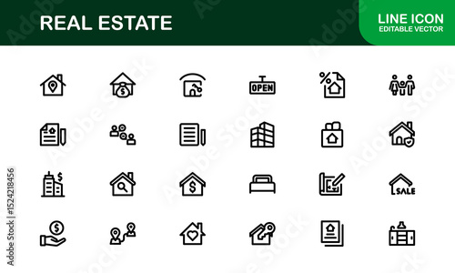 Modern Real Estate Icon Set in Vector Style Featuring Houses, Buildings, Property, and Landmarks