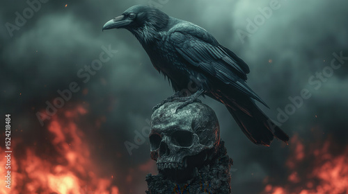 raven perched on weathered human skull under apocalyptic smoky sky with distant fires, dark gothic atmosphere of mystery and desolation