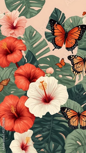 Vibrant Hibiscus Flowers and Monarch Butterflies A Tropical Illustration