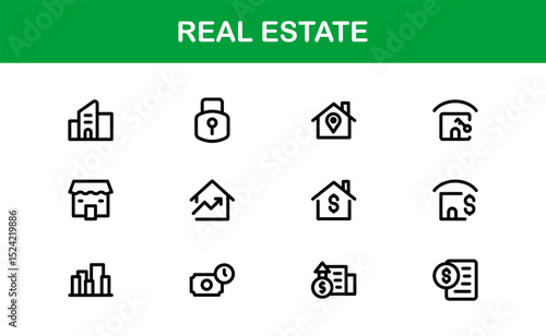 Modern Real Estate Icon Set in Vector Style Featuring Houses, Buildings, Property, and Landmarks
