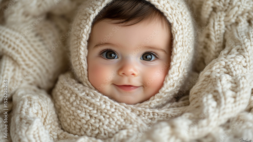 Adorable baby girl, wrapped in a beige knit blanket, smiling at camera Adorable baby girl, wrapped in a beige knit blanket, smiling at camera