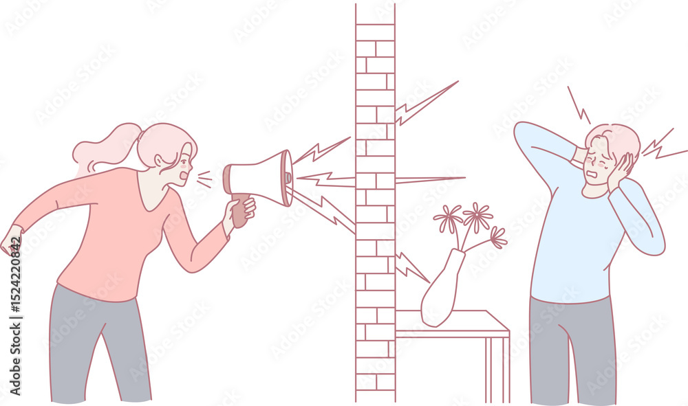 Obraz premium An illustration shows a loud argument, one person shouting while another covers their ears in distress