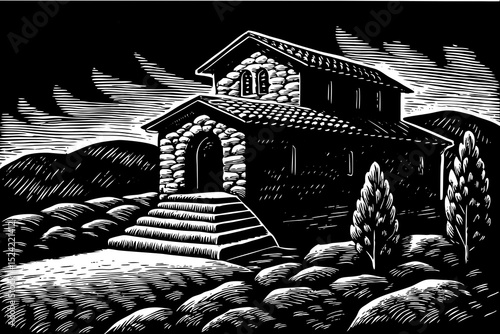 Black and white sketch vector of a hilltop monastery with stone steps and panoramic views