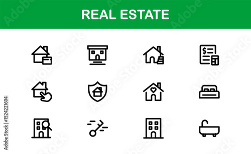 Modern Real Estate Icon Set in Vector Style Featuring Houses, Buildings, Property, and Landmarks
