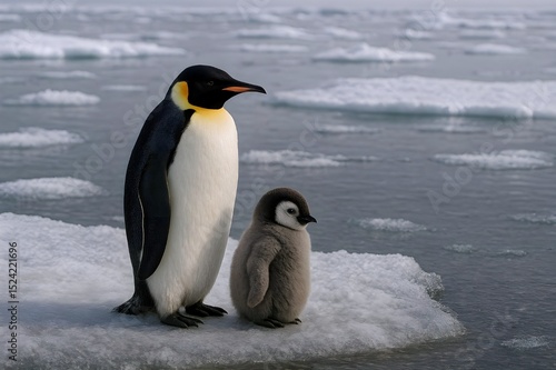 Emperor Penguin and Chick Standing on Ice