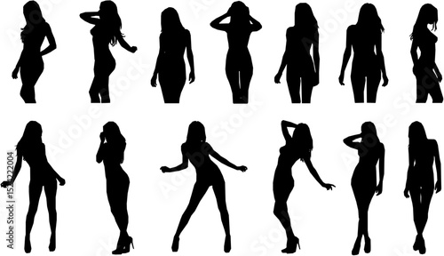 Group sexy female models in different poses standing in a row black silhouettes set collection.
