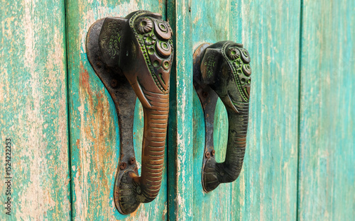 Rustic turquoise door with two ornate elephant-shaped handles featuring intricate designs