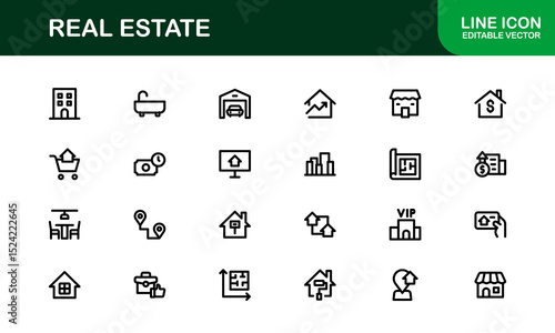 Modern Real Estate Icon Set in Vector Style Featuring Houses, Buildings, Property, and Landmarks