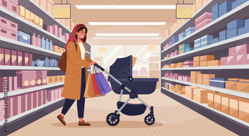  Mother in hijab shopping with stroller in supermarket aisle for parenting and retail themes