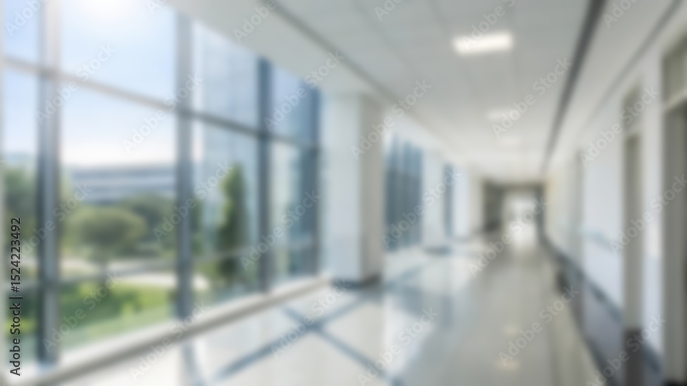 Blurred hospital corridor with bright, clean atmosphere and natural light, perfect for use as a background in healthcare, medical, or wellness projects Blurred hospital corridor with bright, clean atmosphere and natural light, perfect for use as a background in healthcare, medical, or wellness projects