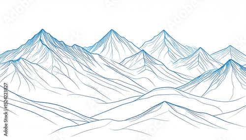 Linear blue line drawing of a majestic mountain range, rendered in a minimalist style, showcasing peaks and valleys against a white background.  The style evokes a sense of serenity and vastness