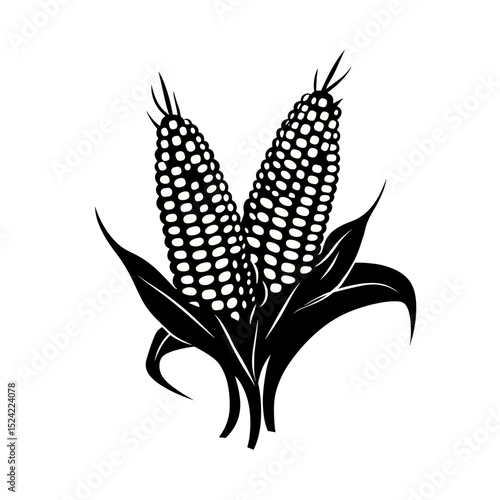 Black and white silhouette of corn on the cob with leaves for agricultural use