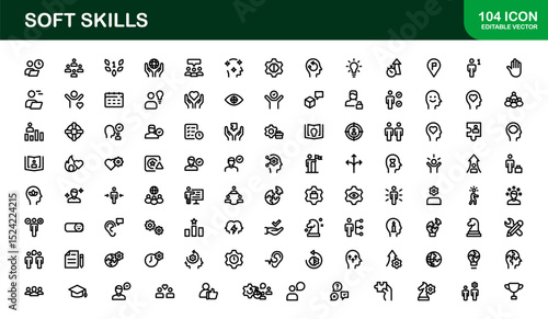 Soft Skills Icon Set Featuring Communication, Leadership, Teamwork, and Creativity Symbols in Clean Vector Style