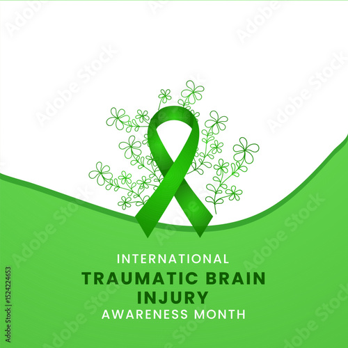 Green ribbon with flower awareness graphic for International Traumatic brain injury Awareness Month.