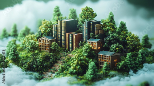 Book town on a cloud, houses nestled among trees in a misty landscape