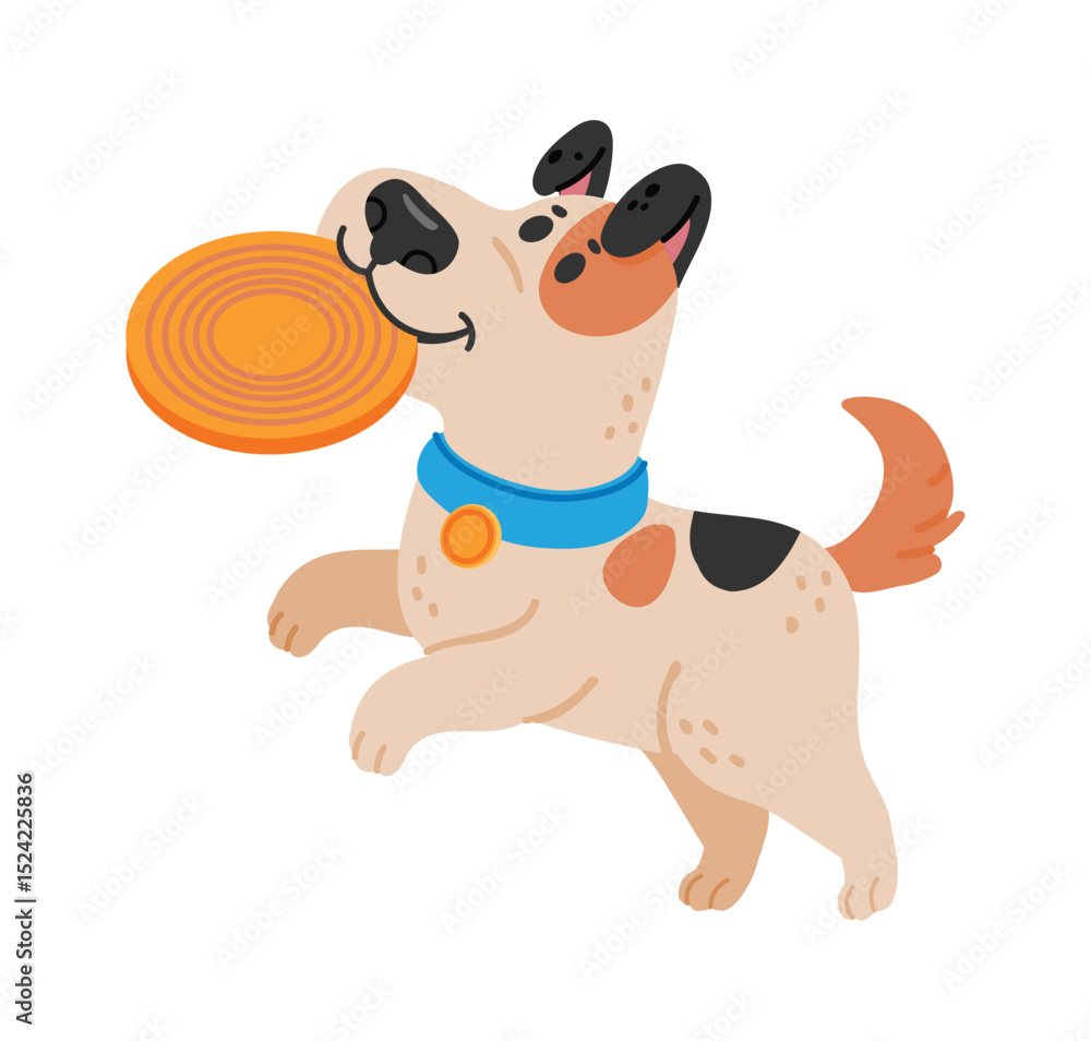 Fototapeta premium Playful spotted dog running joyfully while holding an orange frisbee in its mouth, relishing a fun game of fetch in the park under the bright sun