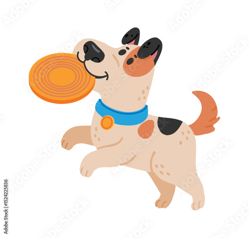 Playful spotted dog running joyfully while holding an orange frisbee in its mouth, relishing a fun game of fetch in the park under the bright sun