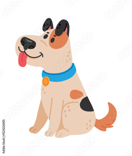 Happy, playful puppy sitting and panting with tongue out, showcasing black ears and spots, isolated on a white background in a cheerful vector illustration