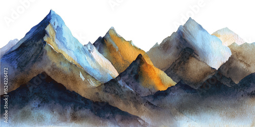 Snowy mountain peak illuminated by sunrise above the clouds. watercolor style mountains range, blue, pink and green colors on white and transparent background